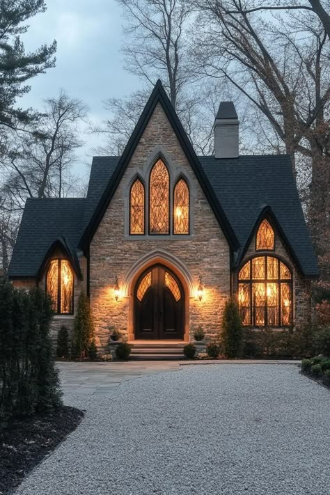 Witch Cottage House Plans, Modern Gothic House Plans, Goth House Exterior, Gothic Tudor House, Witchy House Exterior, Modern Witch House, Modern Gothic House, Gothic House Plans, Cottage Facade