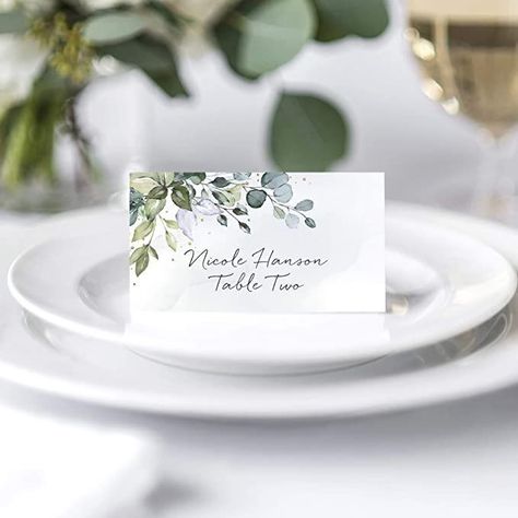 Neutral Wedding Color Schemes, Table Seating Cards, Neutral Wedding Colors, Blue Watercolor Floral, Watercolor Eucalyptus, Name Place Cards, Christmas Birthday Party, Wedding Place Settings, Table Place Cards