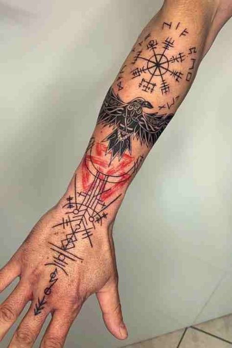 Detailed Viking Tattoo Guide With History, Meanings & Viking Tattoo Symbols - Tattoo Stylist Valhalla Tattoo Viking Women, Viking Shield Maiden Tattoo, Viking Forearm Tattoo Men, Nordic Sleeve Tattoo, Danish Tattoo, Viking Tattoo Ideas, Jake Tattoo, Norwegian Tattoo, Ancient Viking Art