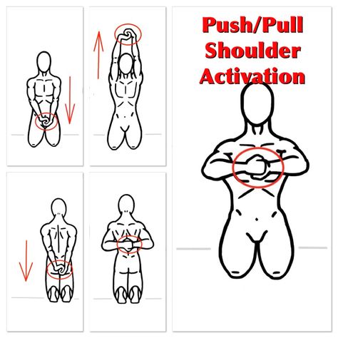 An Activation Exercise that will help mobilize and stabilize the shoulders.  Push/Pull- Grasp your hands together and practice pulling them apart for a few reps and then pushing them together for a few reps.  Next, Push and Pull the hands against one another as you lift and lower your arms in front and behind your body.  Practice a few reps frequently throughout the day and watch your shoulder mobility and stability improve!  Like PreHab Exercises on Facebook at www.facebook.com/prehabexercises Prehab Exercises, Body Practice, Hip Strengthening Exercises, Shoulder Rehab, Flexibility Exercises, Shoulder Mobility, Muscle Hypertrophy, Isometric Exercises, Therapeutic Yoga