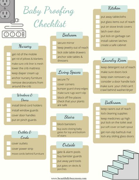 This free printable baby proofing checklist will take you through your home room by room to assure your little one is safe! Tackle baby proofing one room at a time! |Baby Proofing Checklist| Diy Baby Proofing Ideas, Baby Proof Cords, Baby Proof House, Stove Knob Covers, Crib Liners, Baby Proof, Glass Door Lock, Cabinet Latch, Baby Proofing