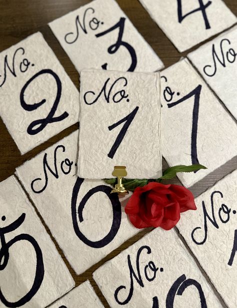 Romantic vintage inspired handmade table numbers, deckled edge, natural paper, calligraphy. Romantic Wedding Table Numbers, Vintage Wedding Table Numbers, Vintage Table Numbers Wedding, Vintage Table Numbers, Hand Made Table, Table Numbers Wedding Diy, Quince Decorations, Virginia House, White Winter Wedding