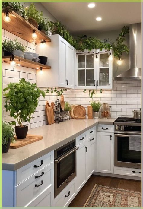 Kitchen Decor Plants Inspiration, Plants Kitchen Cabinet, Aesthetic Kitchen With Plants, Greenery On Kitchen Cabinets, Decor Above Stove Ideas, Plant Themed Kitchen, Plants Above Cabinets, Kitchen Ideas Plants, Kitchen Plants Ideas