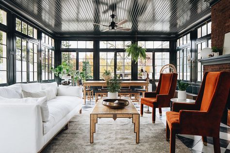 Jean Stoffer Interior Design Madison Project sunroom | Stoffer Photography Interiors Jean Stoffer Design, Jean Stoffer, Interior Windows, White Sofas, Low Ceiling, Historic Home, A Living Room, Ceiling Design, Modern Classic