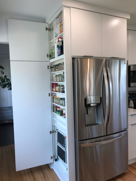 Fridge Without Cabinets Around It, Small Kitchen Refrigerator Placement, Refrigerator Cabinet Surround Ideas, Side Of Fridge Storage, Cabinet For Spices, Fridge Side Panel, Refrigerator Cabinet Surround, Fridge Surround, Side Of Fridge