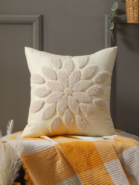 Beige Modern Collar  Polyester Geometric Pillowcases Embellished   Home Decor Bed Cushion Design, Cushion Design Ideas, Needle Cushion, Cushion Designs, Cushion Cover Pattern, Embroidery Stitches Beginner, Crochet Cushion Cover, Knitted Cushions, Punch Needle Patterns