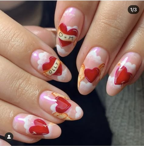 Valentines Nails Unique, Cupid Nails Designs, Kewpie Nails, Vintage Inspired Nails, 3d Valentines Nails, Grunge Valentines Nails, Alt Valentines Nails, Spooky Valentines Nails, Black 90s Aesthetic