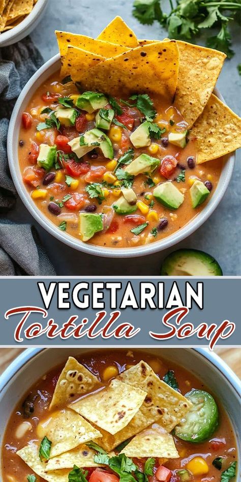 This Creamy Vegetarian Tortilla Soup is packed with flavor and perfect for a cozy night in! Made with wholesome ingredients like black beans, corn, tomatoes, and topped with crispy tortilla strips, this soup is a quick and easy recipe your whole family will love. ✅ Prep time: Under 30 minutes! ⏰ Don’t forget to pin this recipe for easy access! 👇 #VegetarianRecipes #TortillaSoup #EasyMeals #ComfortFood #HealthyEats #MeatlessMonday #SoupSeason #QuickRecipes #MealPrepIdeas Veggie Tortilla Soup, Vegetarian Tortilla Soup, Vegan Tortilla Soup, Vegetarian Stew, Vegan Crockpot, Tortilla Strips, Vegetarian Crockpot Recipes, Black Beans Corn, Tortilla Soup Recipe