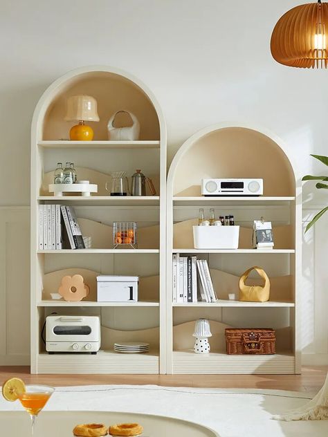 Arch Bookshelf, Living Room Display Cabinet, Nordic Living Room, White Exterior, Room Display, Book Storage, Northern Europe, Tv Room, Storage Shelf