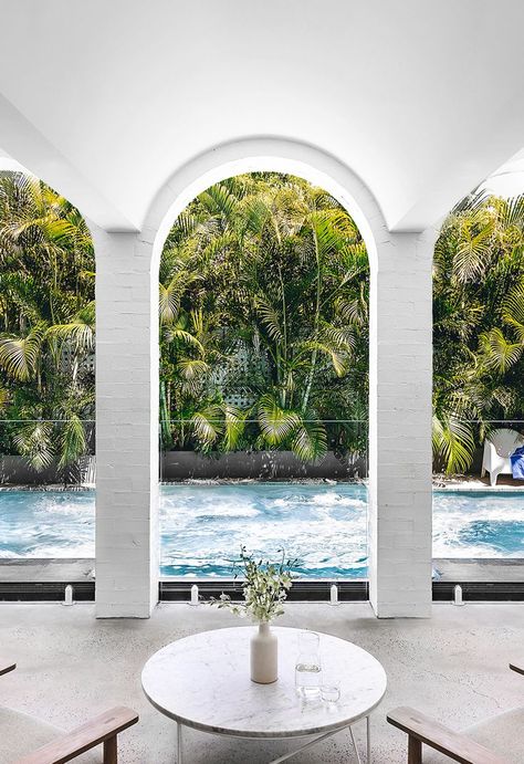 Arched Outdoor Patio, Santorini Inspired Pool Area, Patio Arch, Amber Interiors Pool, Greece Inspired Backyard Pool, Art Deco Swimming Pool, Garden Reflecting Pool, Patio With Pool, 1930s Bungalow