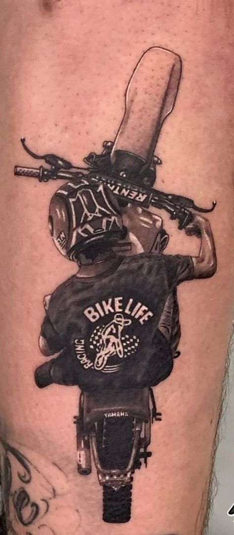 Gunners Tattoos, Biker Style Tattoo, Street Bike Tattoos, Bikelife Tattoo, Motorcycle Engine Tattoo, Dirt Bike Tattoos, Bike Life Tattoo, Dirtbike Tattoo, Motorbike Tattoo Ideas