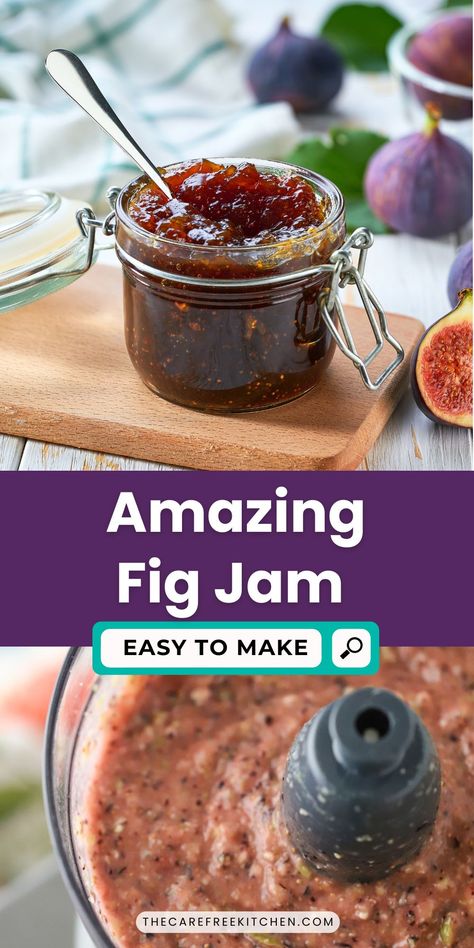 Enjoy fig season all year long with this Easy Fig Jam recipe. It uses just a few ingredients and tastes great on savory dishes, like burgers and sandwiches, as well as desserts like ice cream and cake. #thecarefreekitchen #figs #figseason #figjam #jam #figpreserves #howtocan #summer #jamrecipes Fig Jam With Dried Figs, What To Do With Fresh Figs, Easy Fig Recipes, Fig Jam Uses, Fig Recipes Dessert, Pancake Syrup Recipe, Ice Cream And Cake, Fig Season, Fig Jam Recipe