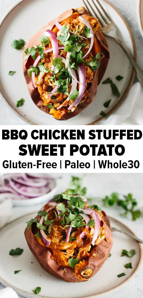 Sweet Potato Bbq, Potatoes Stuffed, Stuffed Sweet Potato, Shredded Bbq Chicken, Stuffed Sweet Potatoes, Gluten Free Potatoes, Chicken Stuffed, Resep Diet, Chicken Sweet Potato