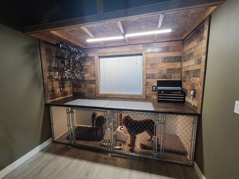 Dog Kennel Indoor Outdoor, Workshop Dog Kennel, Garage With Dog Kennel, Hunting Dog Kennel Ideas Outdoor, Dog Kennel Garage Ideas, Dog Porch Ideas, Hunting Dog Kennel Ideas, Indoor Dog Kennel Ideas For Large Dogs, Kennel In Garage