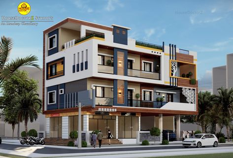 corner house design front elevation view G 3 Front Elevation Design, Corner House Design, Front Elevation Design, Building Front Designs, Flush Door Design, Small House Design Exterior, Building Elevation, Indian Home Design, Front Elevation Designs