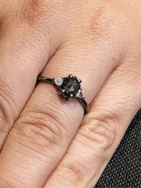 MAIN STONE
Type: Natural Salt and Pepper Diamond
Cut: Hexagon
Color: Dark / Grey / Icy

#1ct #Hexagon #cut #Salt #and #Pepper #Diamond #Promise #Ring #14K #Black #Gold #Triangle #Moissanite #Statement #Ring #Custom #Wedding #Anniversary #Ring #hexagon #diamond #ring #salt #pepper #diamond #engagement #ring #black #gold #ring #promise #ring #gothic #ring #alternative #rings #statement #ring #triangle #diamond #unique #rings #custom #ring #black #gold #jewelry #anniversary #ring Black Stone Engagement Ring Silver, Obsidian Engagement Ring, Black Band Engagement Ring, Non Traditional Unique Engagement Rings Vintage, Dark Wedding Ring, Dark Engagement Ring, Unique Black Diamond Engagement Ring, Ring Images, Rhodium Ring