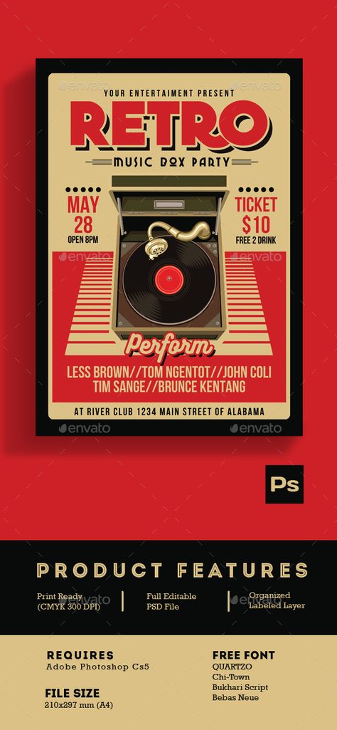 Retro Music Box Party Flyer Template PSD. Download here: https://graphicriver.net/item/retro-music-box-party-2/17109567?ref=ksioks 80s Poster Design, Retro Party Poster, Suitcase Template, Retro Music Poster, College Fest, Fest Poster, 90s Poster, Postcard Poster, Retro Style Posters