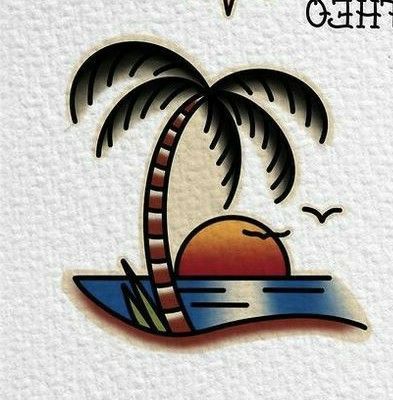 Traditional Beach Tattoo, 108 Tattoo, Knee Tattoos, Island Tattoo, Scene Tattoo, Sunset Tattoos, Sailor Jerry Tattoos, Traditional Style Tattoo, Sea Tattoo