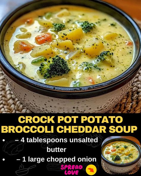 Crock Pot Potato Broccoli Cheddar Soup Broccoli Soup Crockpot, Potato Broccoli Cheddar Soup, Crockpot Broccoli Cheddar Soup, Cheddar Broccoli Potato Soup, Broccoli Potato Cheese Soup, Crock Pot Potato, Potato Cheddar Soup, Quick Crockpot Meals, Broccoli Potato Soup