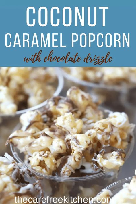 This coconut caramel popcorn recipe is a step-by-step guide, I will show you how make the most delicious coconut caramel popcorn!! It has layers of flavors, toasted coconut, coconut flavored caramel, and a chocolate drizzle!Â #coconut #popcorn #caramel #popcornballs #dessert Fun Popcorn Recipes, Coconut Popcorn, Popcorn Seasoning Recipes, Gourmet Popcorn Recipes, Flavored Popcorn Recipes, Chocolate Drizzled Popcorn, Popcorn Recipes Sweet, Popcorn Seasonings, Roasted Leg Of Lamb