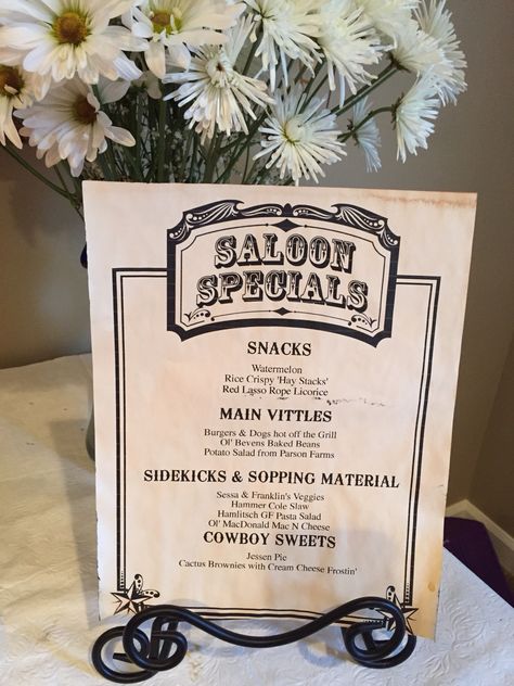 Wild West Dinner Party, Saloon Wedding Theme, Saloon Bar Ideas Western Theme, Western Menu Ideas, Saloon Party Decorations, Saloon Party Decor, Saloon Theme Party, Western Party Aesthetic, Western Dinner Party