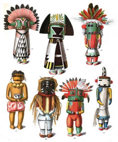 Drawings of Kachina dolls, from an 1894 anthropology book. Native American Kachina Dolls, Kachina Dolls, Pueblo Indians, Native American Dolls, Marcel Duchamp, American Dolls, Max Ernst, Spirit Dolls, African Masks