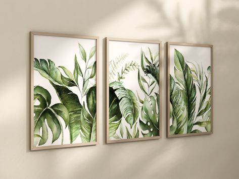 3 Set Paintings Wall Art, Green Leaves Painting Canvas, Banana Leaf Artwork, Paint With Leaves Leaf Prints, Leaf Picture Frame Wall Art, Tropical Leaves Wall Art, Tropical Leaf Abstract Art, Framed Leaves, Leaf Artwork