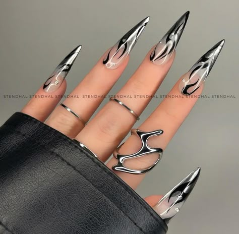 Summer Nailart, Y2k Chrome, Chrome Tips, Black Acrylic Nails, Gothic Nails, Goth Nails, Edgy Nails, Grunge Nails, Gray Nails