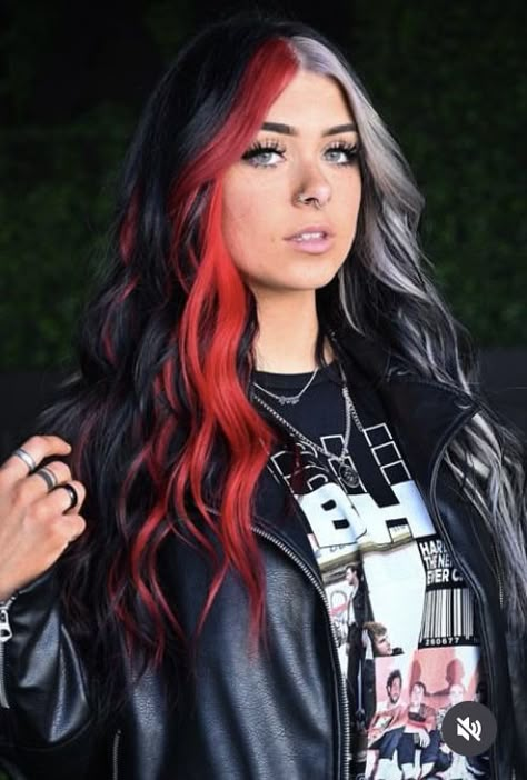 Different Color Money Piece Hair, Hair Colour Ideas Split Dye, Colourful Money Piece, Vibrant Money Piece Hair, Dark Hair Color Ideas With Money Piece, Black With Red Money Piece Hair, Black And Red Money Piece Hair, Red Color Block Hair, Split Dyed Hair Black And Orange