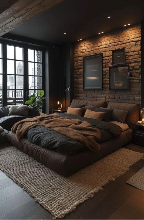 Luxury Bedroom Master Condo, Modern Bachelor Bedroom, Masculine Home Decor Ideas, Mens Bedroom Ideas Masculine Interior Small Spaces, Dark Mens Bedroom, Men’s Apartment Aesthetic, L Shaped Bedroom Layout, Mens Bedroom Aesthetic, Men’s Apartment