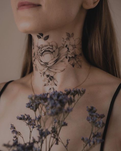 Neck Tattoo Minimal, Neck Throat Tattoos Women, Neck Tattoo Women, Chest Neck Tattoo, Flower Neck Tattoo, Front Neck Tattoo, Full Neck Tattoos, Girl Neck Tattoos, Side Neck Tattoo