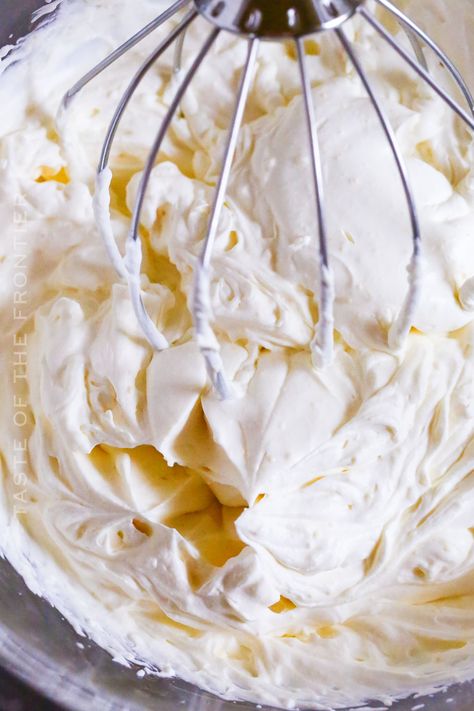 This Whipped Cream Frosting holds its shape, making it the perfect frosting for dipping, spreading, or piping onto all your favorite desserts. It is stabilized whipped cream that has the perfect amount of sweetness and it won't deflate. Lemon Whipped Cream Frosting, Custard Pastry, Cream Frosting Recipe, Whipped Cream Frosting Recipe, Cake Batter Truffles, Lemon Whipped Cream, Caramel Truffles, Best Easy Dessert, Holiday Candy Recipes