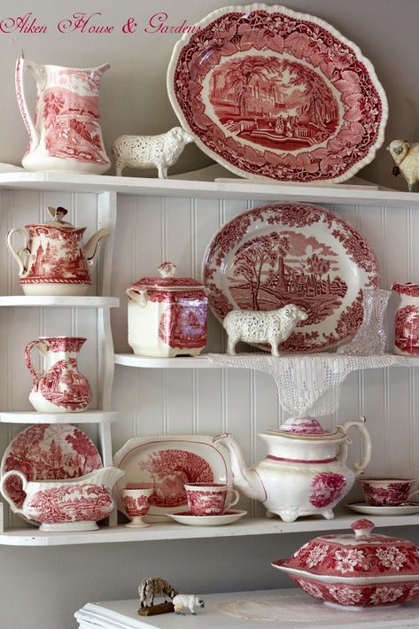 Aiken House & Gardens: Red & White Transferware Display Transferware Display, Red Tables, Cranberry Cottage, Tea Setting, Red Transferware, Red Dishes, Dish Display, Red Toile, Pink China