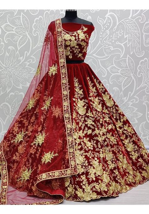 Maroon Velvet Bridal Lehenga Set Velvet Dupatta Lehenga, Velvet Bridal Lehenga, Velvet Choli, Velvet Lehenga Choli, Velvet Dupatta, Bollywood Designer Sarees, Engagement Lehenga, Dori Work, Designer Bridal Lehenga Choli