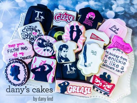 Grease! So beautiful! Grease Cookies Decorated, Grease Cookies, 50s Theme, Royal Icing, 40th Birthday, Cake Cookies, Grease, So Beautiful, Cookie Decorating