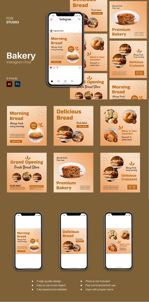 Bakery Instagram Post Templaate PSD, AI Bakery Instagram Post, Create Canva Templates, Bakery Instagram, Instagram Puzzle Feed, Puzzle Feed, Bread Shop, How To Store Bread, Instagram Puzzle, Audience Engagement