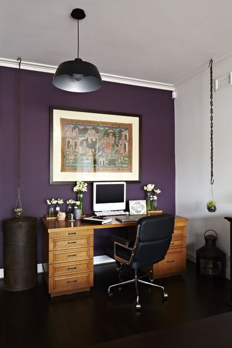 Navy Plum Bedroom, Dark Purple Office Ideas, Plum Walls Bedroom, Purple Wall Office, Purple And Brown Living Room, Deep Purple Accent Wall Bedroom, Purple Masculine Bedroom, Dark Purple Wall Paint Bedrooms, Dark Purple Office Walls