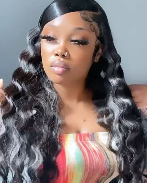 Swoop Buss Down, Lace Front Swoop Hairstyles, Wig Install With Swoop, Swoop With Crimps Frontal, Side Swoop With Crimps, Black Wig With Swoop, Swoop With Curls Wig, Side Swoop Lace Wig Curly, Frontal With Swoop