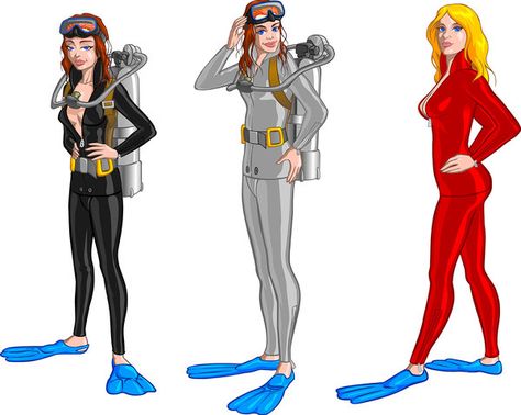 Scuba Girls by MindQuasar on DeviantArt Women In Swimming Suits, Vintage Wetsuit, Scuba Wetsuit, Suit Drawing, Diving Tank, Concept Drawing, Wet Suit, Scuba Girl, Suit Type