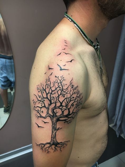 Oak Tree Tattoo Men, Foreign Tattoos, Family Tree Tattoo For Men, Tree Of Life Tattoo Men, Tree Tattoo Black, Tree Tattoo Men, Terrible Tattoos, Crow Tattoo Design, Roots Tattoo