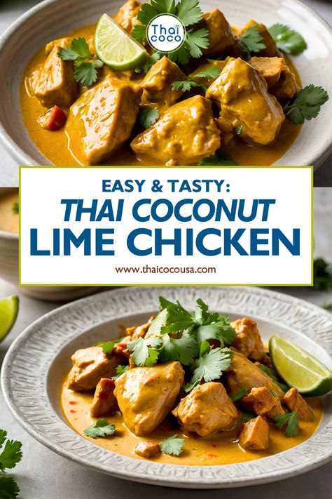 Add a zing of flavor to your next meal with our Thai Lime Chicken recipe, guaranteed to satisfy your cravings for bold and zesty cuisine! Marinated in a tangy lime sauce and aromatic spices, this dish is bursting with freshness and flavor. Whether enjoyed as a main course or served as part of a Thai-inspired feast, it's sure to impress. Thai Coconut Lime Chicken, Recipes With Mint, Chicken With Coconut Milk, Chicken Lime, Coconut Milk Chicken, Lime Chicken Recipes, Coconut Lime Chicken, Lime Recipes, Coconut Milk Curry