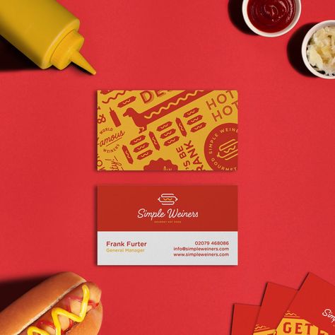 Food Business Branding, Hot Dog Branding, Hot Dog Business, Restaurant Card Design, Hot Dog Logo, Restaurant Card, Brand Board Design, Business Card Gallery, Food Business Card