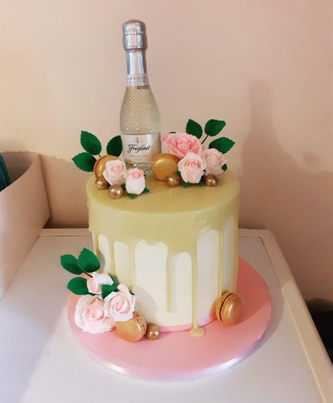 Petals And Prosecco Theme Cake, Petals And Prosecco Cake, Cake With Prosecco Bottle, Pink And Gold Drip Cake, White Cake With Pink Dripping, Prosecco Cake, Drip Cake Pink And Gold, Pink Cake With White Chocolate Drip, 30 Cake