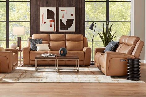 Davidson 5 Pc Leather Dual Power Reclining Living Room Set Living Room Recliner, Pc Table, Power Reclining Sofa, Rooms To Go, Living Room Sets Furniture, Living Room Set, Caramel Brown, Sofa Shop, Living Room Leather