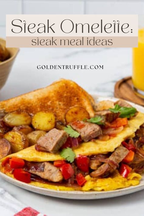 This Steak Omelette is Steak Meal Idea to try for breakfast! This meaty and delicious steak omelette has a delicious and flavourful mix of protein and vegetables. Pair it with roasted potatoes and you’re starting your day off with a feast! This is a great recipe for leftover steak.
#BreakfastOmelette #SteakMealIdeas Meaty Breakfast Ideas, Steak And Eggs Dinner, Steak Omelette, Steak And Cheese Omelet, Steak And Egg Frittata, Breakfast Steak And Eggs, Leftover Steak Recipes, Easy Lunch Box Recipes, Healthy Brunch Recipes