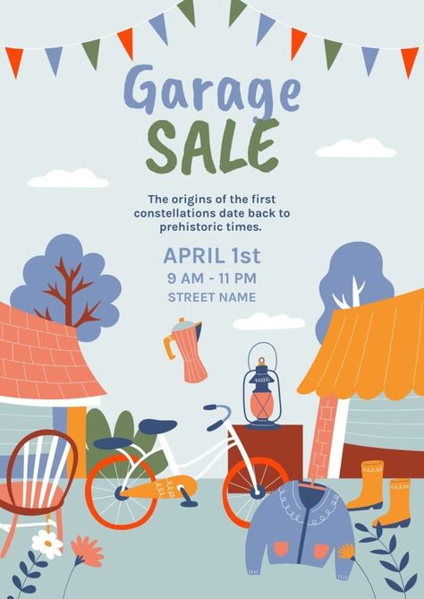 Hand-drawn Bike & Sweater Garage Sale Poster Garage Sale Templates Free, Garage Sale Flyer Template Free, Event Advertisement Poster, Garage Sale Poster Design, Summer Sale Poster Design, Garage Sale Aesthetic, Sale Poster Design Marketing, Yard Sale Poster, Garage Sale Ideas