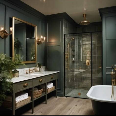 Forest Green Master Bath, Dark Green Bathroom Color Scheme, Dark Nature Bathroom, Small Moody Green Bathroom, Moody Green And Gold Bathroom, Green Black And Brown Bathroom, Dark Monochromatic Bathroom, Dark Green Aesthetic Home Decor, Olive And Gold Bathroom