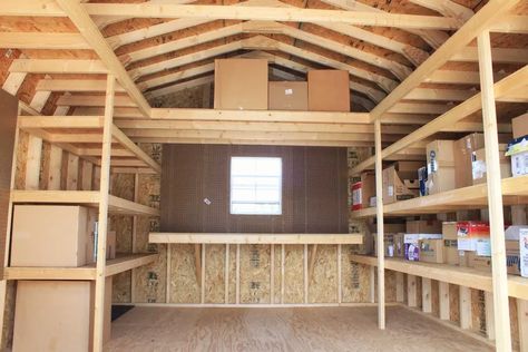 Shed Shelving Ideas, Shed Shelving, Storage Shed Organization, Diy Storage Shed, Shed Organization, Garage Storage Solutions, Shelving Ideas, Diy Shed Plans, Storage Shed Plans