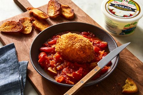 Fried Burrata With Garlicky Tomato Sauce Recipe on Food52, a recipe on Food52 Fried Burrata, Burrata Recipe, Roasted Tomato Sauce, Cooking Contest, Tomato Sauce Recipe, Cheese Dishes, Food Content, Food Test, Food 52