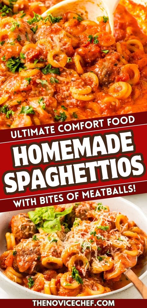 These saucy homemade spaghettiOs with meatballs are the un-canned version of the classic comfort food. Freshly grated parmesan and herby parsley add the ultimate wow-factor to this childhood favorite! Homemade Spaghetti Os With Meatballs, Homemade Spaghetti Os, Spaghettios Recipe, Homemade Spaghettios, Ground Beef Casserole Recipes, Hamburger Meat Recipes, Popular Appetizers, Fast Food Items, Homemade Spaghetti